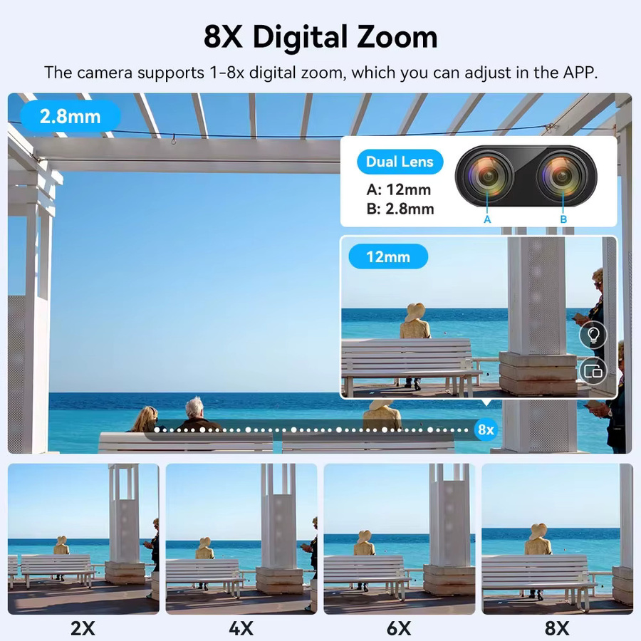 Jaxcam 6K 12MP HD WLAN-Außenkamera mit 8-fach Zoom, Drei Objektiven und Dual-Bildschirm, PTZ-Heimsicherheitskamera in Weiß - Bild 2