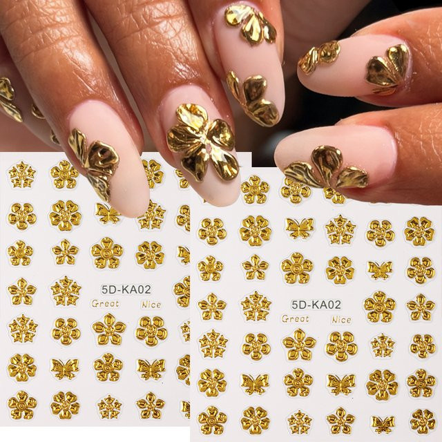 Full Beauty Nagelkunst Aufkleber, Goldene Chrom-Blüten und Schmetterlinge, Glänzend - Bild 1