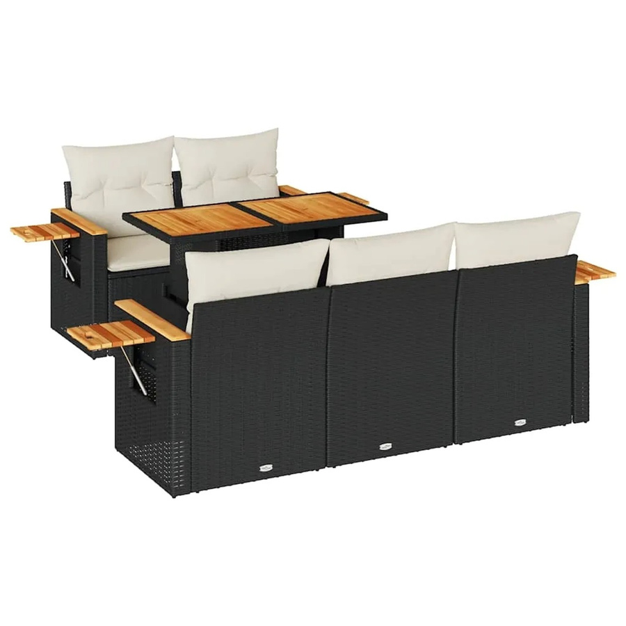 vidaXL 6-teilige Garten-Sofagarnitur aus Poly-Rattan und Akazienholz in Schwarz-Creme mit Kissen - Bild 2