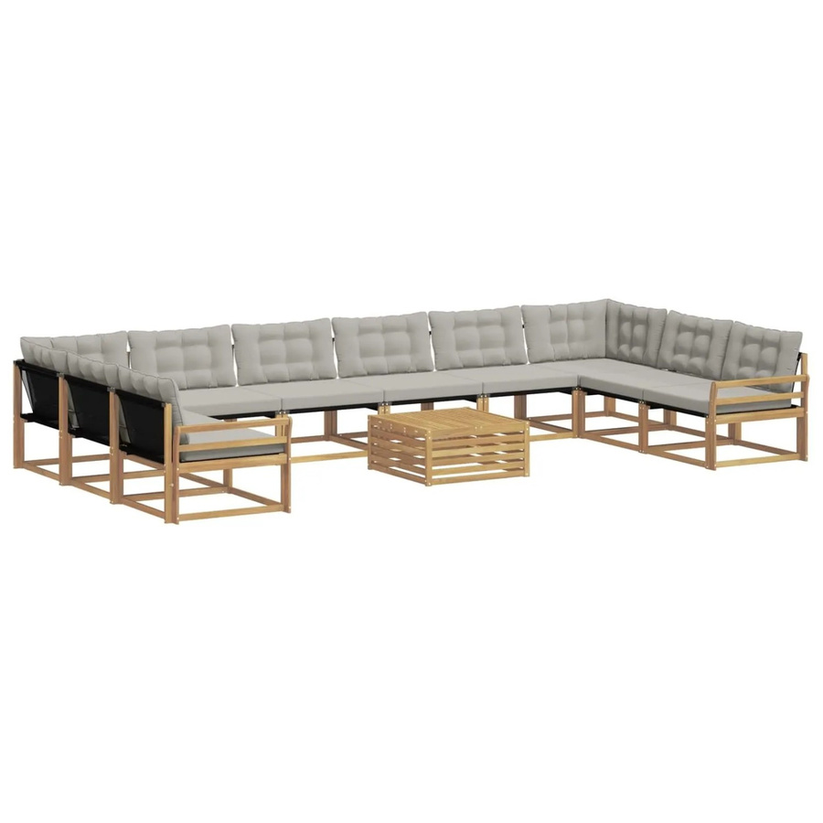 vidaXL Outdoor-Sofagarnitur in U-Form aus massivem Akazienholz mit Textilene und Kissen, 11-teilig, Weiß-hellgrau - Bild 2