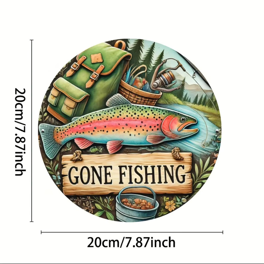Rundes Vintage-Metallschild HELLOYOUNG Gone Fishing in Mehrfarbig mit Fisch- und Naturmotiv, Durchmesser: 20 cm - Bild 2
