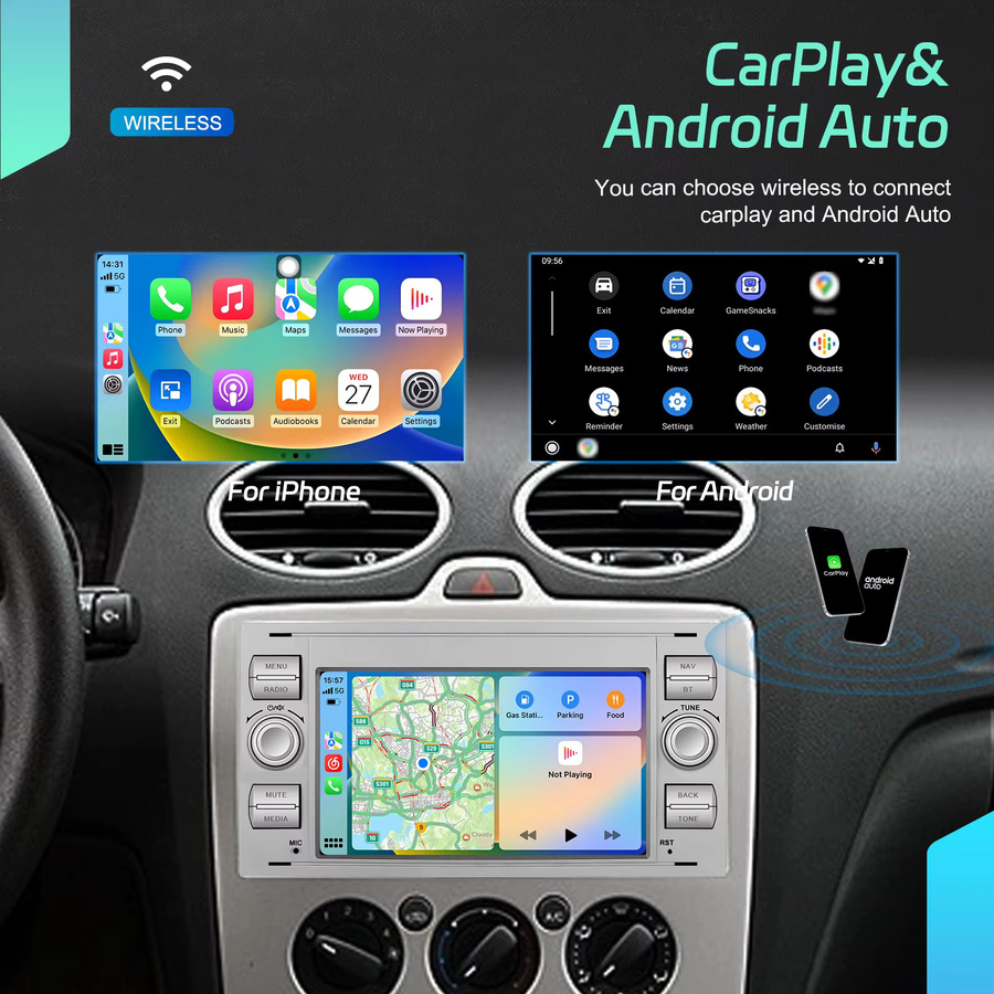 Podofo 7 Zoll 2 Din Android Autoradio mit CarPlay, Android Auto, GPS, WiFi und Bluetooth für Ford Transit Fiesta Focus Galaxy Mondeo Fusion Kuga C-Max S-Max Connect in Schwarz - Bild 3
