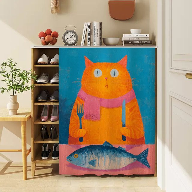VIKAMA Staubdichte Schrankabdeckung mit Cartoon Cat Motiv, dekorativer Vorhang für Schuhschränke und Lagerschränke, Mehrfarbig - Bild 1