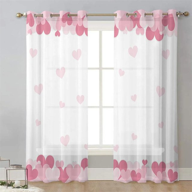 Yiran Furniture Transparentes Voile-Fenster vorhang Set mit rotem Herz und Blumenmuster, 2 Stück, Breite: 50 cm, Höhe: 160 cm - Bild 1