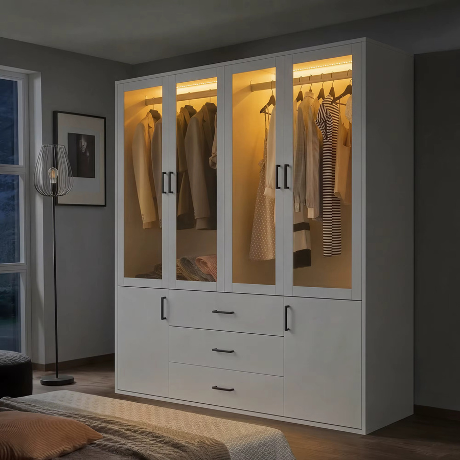 Anajqaqia Moderner Kleiderschrank in Weiß mit Glastüren, LED-Beleuchtung, Kleiderstange und 3 integrierten Schubladen - Bild 2