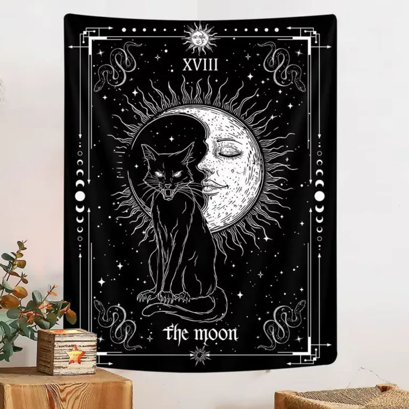 VIKAMA Mond-Tarot-Wandteppich mit schwarzer Katze und Stern-Mond-Muster in Schwarz, Wanddekoration für Wohnzimmer und Schlafzimmer - Bild 4