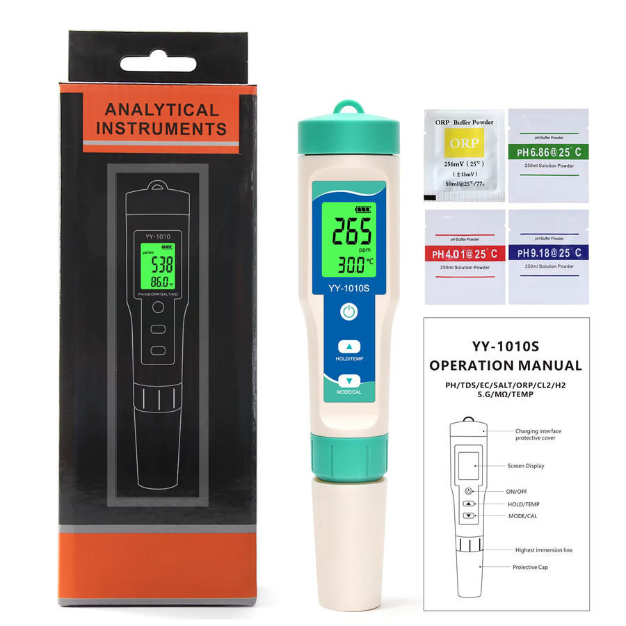 Yieryi 10-in-1 Wasserqualitätstester wiederaufladbar für pH, TDS, EC, Salzgehalt, ORP, H2, S.G., Chlor, MΩ und Temperatur für Trinkwasser und Spa - Bild 3