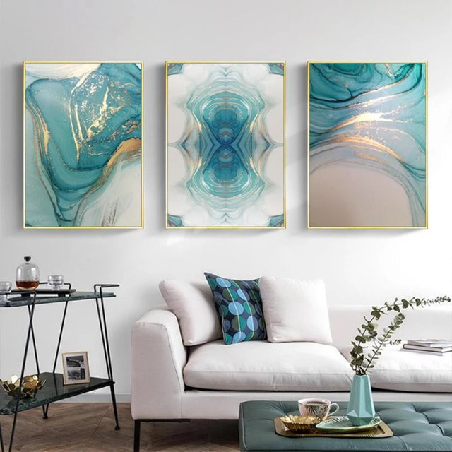 TPFLiving Luxus Poster Leinwand Set mit abstrakten Strukturen in Türkis, Gold, Grau und Beige, 3er Set ohne Rahmen, Breite: 60 cm, Höhe: 80 cm - Bild 1