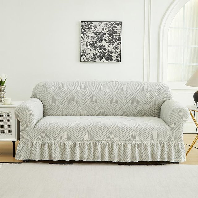 Hochelastischer Jacquard-Sofabezug mit Volant für 1-Sitzer, beige, schmutzabweisend und maschinenwaschbar - Bild 1