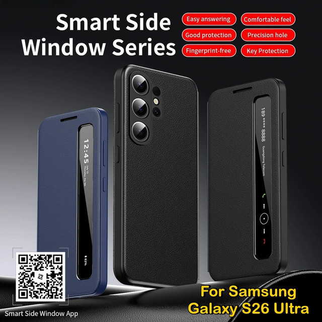 Smart View Mirror Flip Case aus PU-Leder für Samsung Galaxy S26 Pro S25 Edge S24 Plus S23+ S22 Ultra A57 A37 A27 A17 A07 in Schwarz und Grün - Bild 1