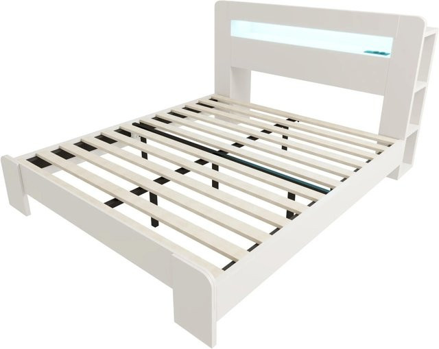 Merax Plattformbett in Weiß mit LED-Unterbettbeleuchtung, USB-Ladeport, Nachttischregal und Stauraum, B/T/H: 200 x 140 x 107 cm - Bild 1