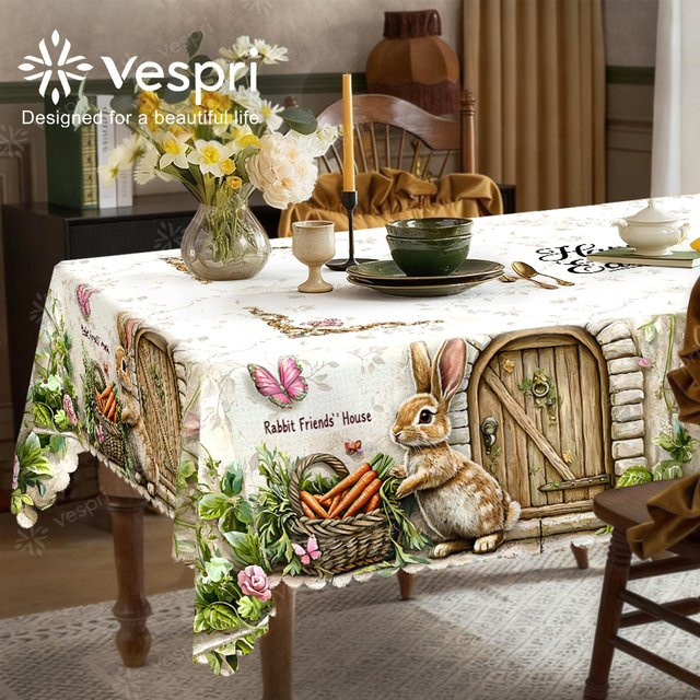 Vespri Oster-Tischdecke aus Polyester in Weiß und Beige mit Hase, Schmetterling und Blumen für Partys und Feste - Bild 1