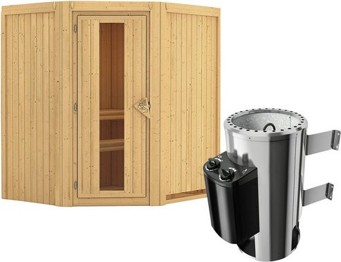 Karibu Sauna Tuckum aus Fichtenholz mit 3,6 kW Saunaofen und integrierter Steuerung für 3 Personen, beige - Bild 1