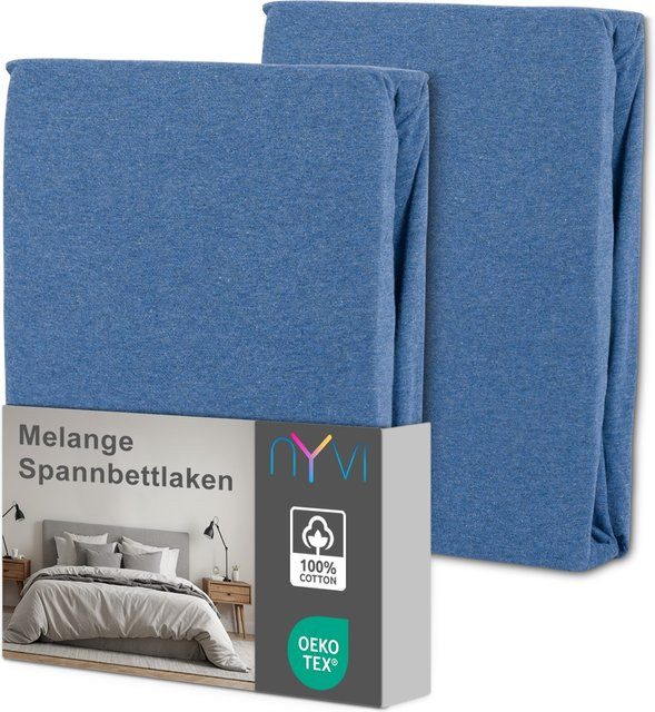NYVI Spannbettlaken DreamScience Melange aus 100% Baumwolle in Jeansblau, 2er Pack, Leinenoptik, bügelfrei, für Matratzen bis 22 cm Höhe, B/T: 90 x 200 cm bis 100 x 200 cm - Bild 1