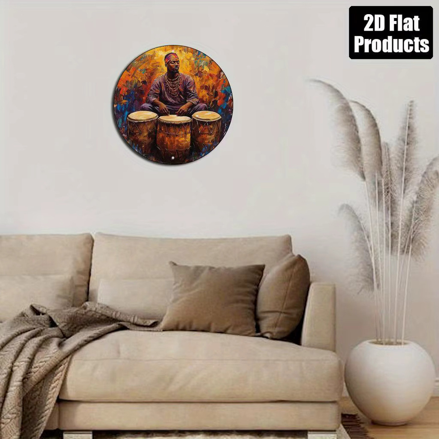 Potdemiel Afrikanische Schlagzeuger Wandkunst, Rundes Metallschild im Ölgemälde-Stil, Multicolour, Durchmesser: 20,3 cm - Bild 4