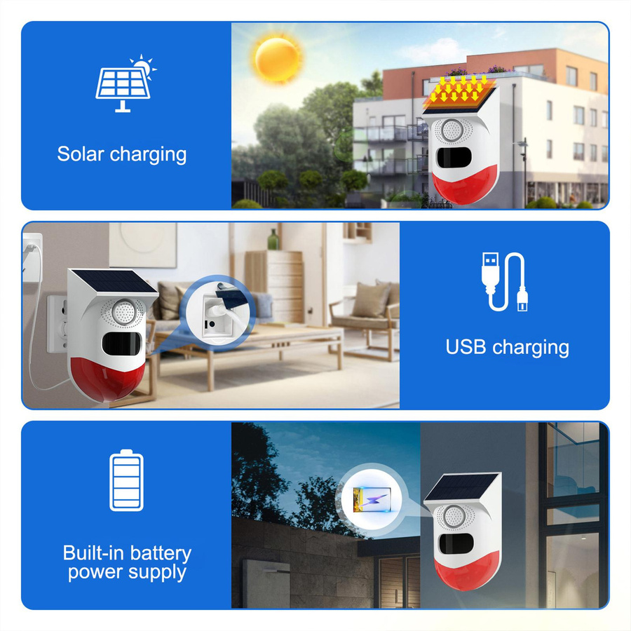 Solar-Bewegungsmelder-Alarm mit 120dB lauter Sirene, LED-Blitzlichtern und Tonsignal in Weiß - Bild 3