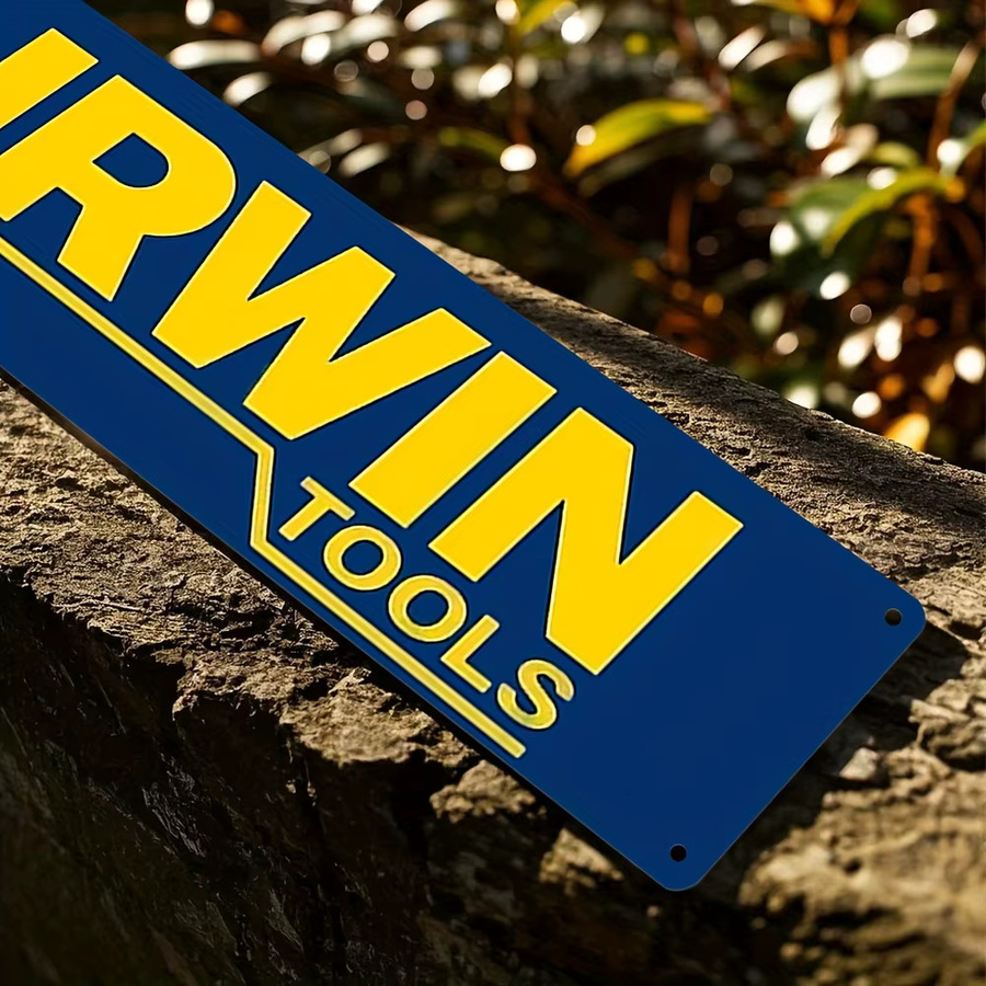 Vintage IRWIN Tools Aluminiumschild als rustikale Wanddekoration in Gelb und Blau - Bild 3