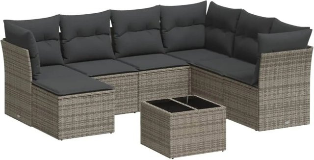 vidaXL 8-teilige Garten-Sofagarnitur aus Poly-Rattan in Grau mit Kissen aus Polyester und Gestell aus pulverbeschichtetem Stahl - Bild 1