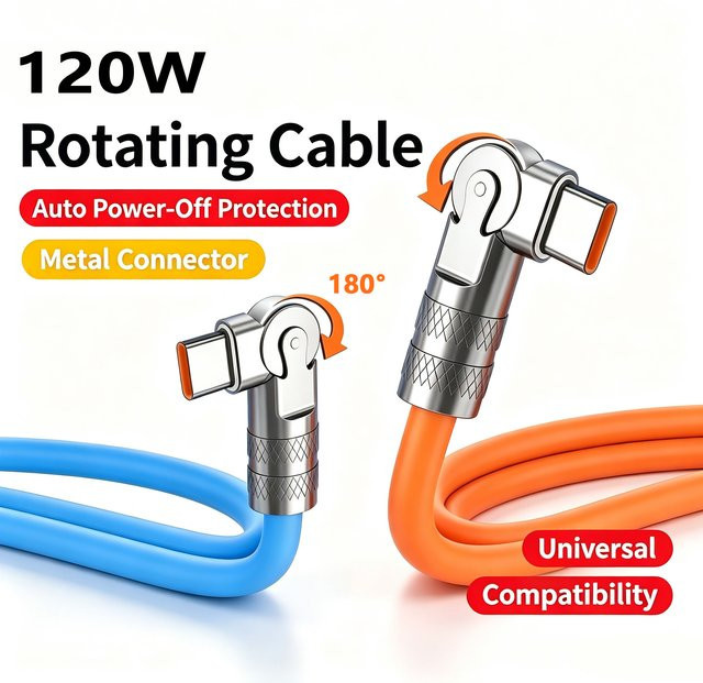 120W 6A USB Typ C Schnellladekabel mit 180 Grad drehbarem Winkelstecker für Xiaomi und Redmi in Blau - Bild 1
