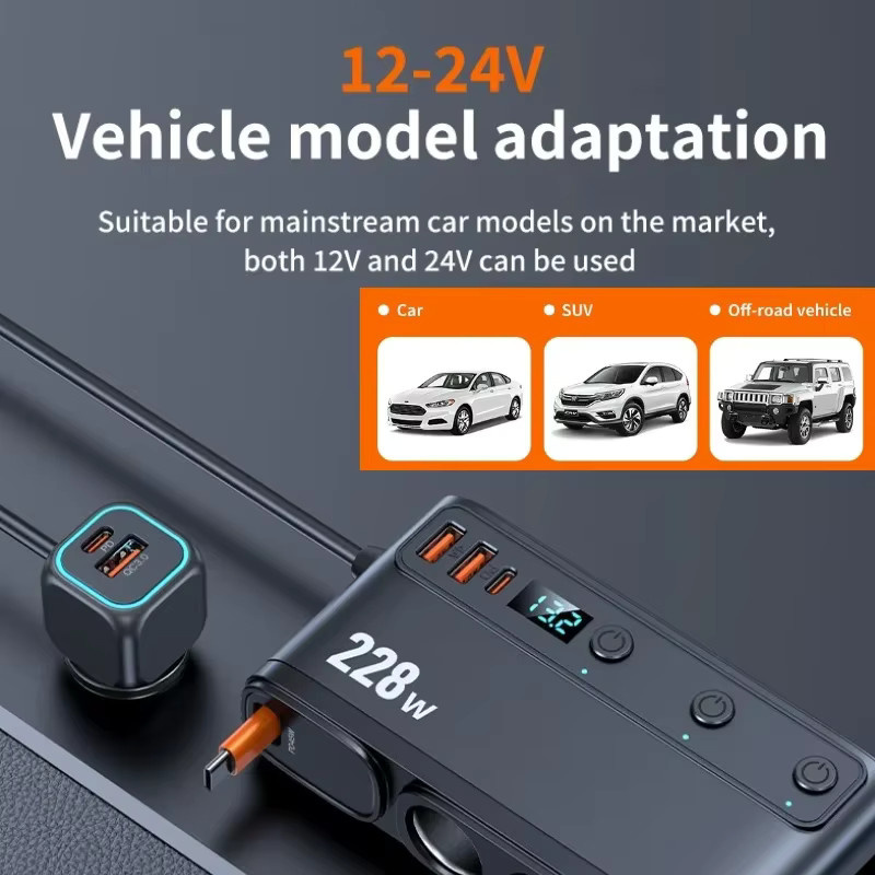 Kebidumei 228W Auto-Ladegerät in Schwarz mit 3 Zigarettenanzünder-Buchsen, 3 QC3.0 USB-Anschlüssen und 65 cm ausziehbarem PD Typ-C Schnellladegerät - Bild 6