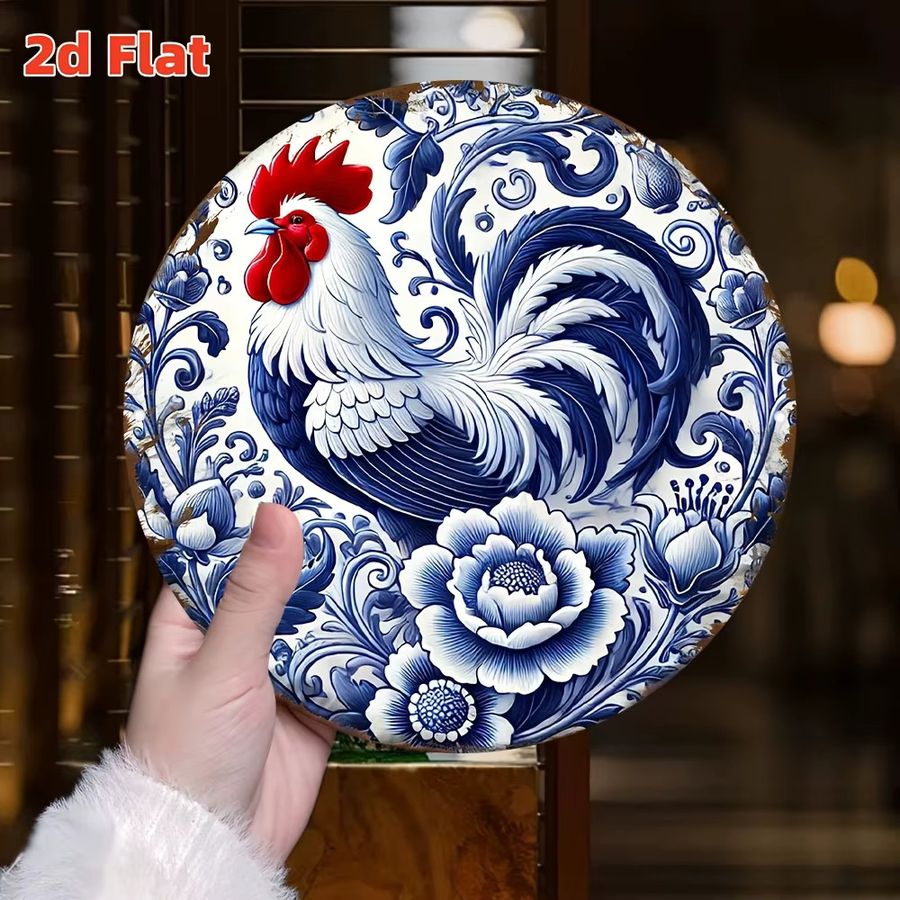 Potdemiel Wanddekoration aus Aluminium im mediterranen Azulejo-Stil mit Blumen- und Hahn-Motiv in Blau und Weiß - Bild 4