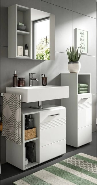 Inn.Furn Badmöbel-Set Carlo in Weiß Hochglanz und Grau, 3-teilig mit Waschtischunterschrank, Spiegelschrank und Seitenschrank, Breite: 105 cm - Bild 1