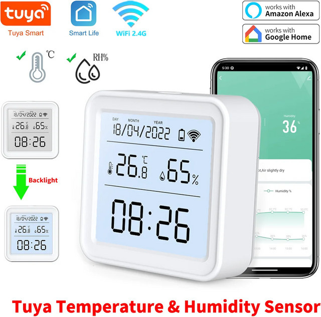 Tuya Smart WiFi Temperatur und Feuchtigkeit Sensor mit Hintergrundbeleuchtung, weißes Hygrometer und Thermometer, kompatibel mit Alexa und Google Home Assistent - Bild 1