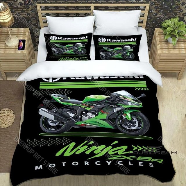 Bettwäscheset mit Kawasaki Motorrad Logo im Retro-Design, Schwarz, B/H: 140 x 200 cm - Bild 1