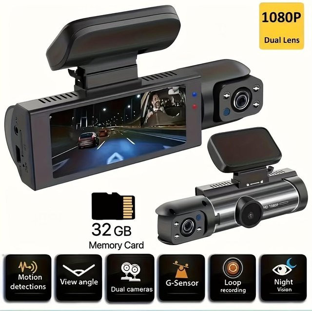 LIAESMART Dual Dashcam Full HD 1080P mit 3,16 Zoll LCD-Display, 170 Grad Weitwinkel, Nachtsicht, 24 Stunden Parküberwachung und G-Sensor, Schwarz, inklusive 32GB SD-Karte - Bild 1