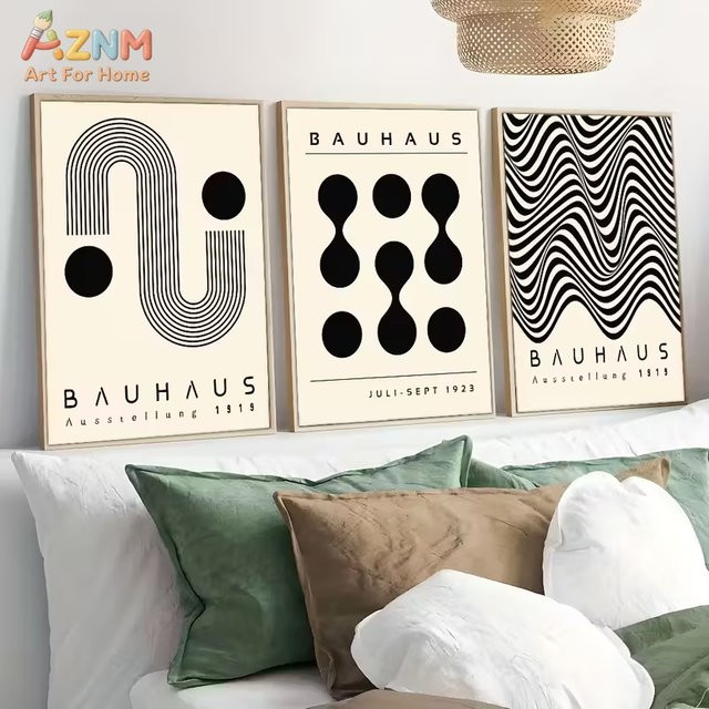 AZNM Bauhaus Geometrischer Leinwand-Wandkunstdruck in Schwarz und Beige mit abstraktem Retro-Design - Bild 1