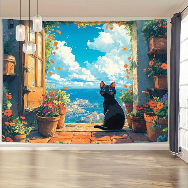 VIKAMA Wandteppich mit Katzenmotiv im Ölgemälde-Stil, Mehrfarbig, B/H: 70 x 70 cm - Bild 1