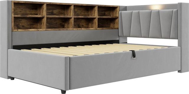 Merax Schlafsofa aus Samt mit USB-C Ladestation und Bettablage in Hellgrau, B/T/H: 90 x 200 cm - Bild 1