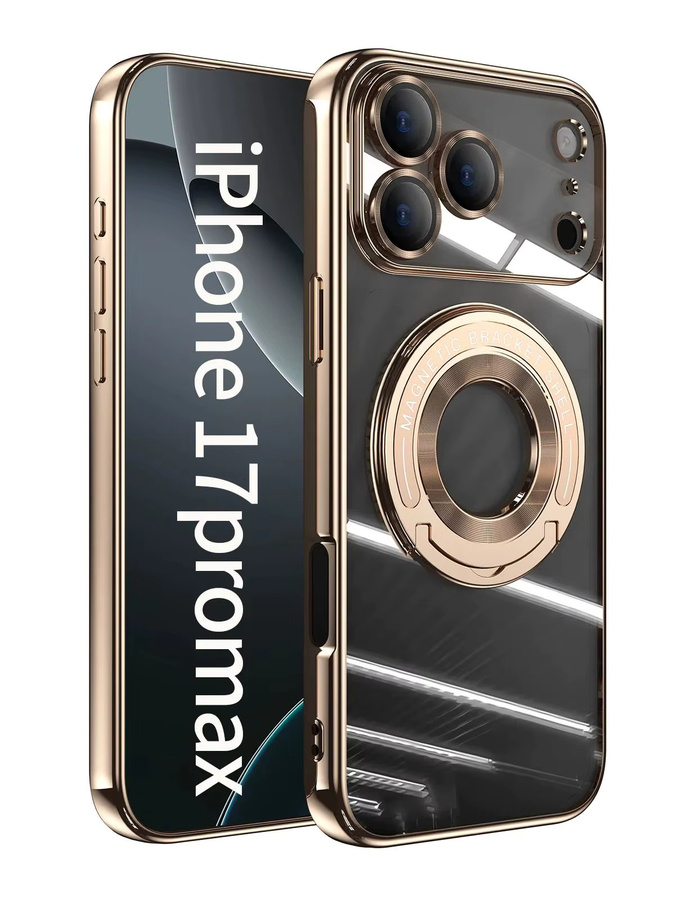 Magnetische Handyhülle mit unsichtbarer Halterung für iPhone 17 16 15 14 Pro Max und 17 Air, transparent mit Gold-Akzenten - Bild 4