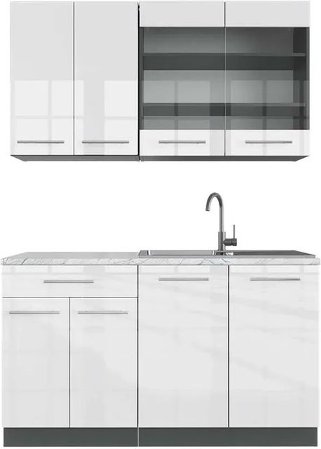 Vicco Fame-Line Singleküche in Weiß Hochglanz und Anthrazit mit Marmor-Optik, Breite: 140 cm - Bild 1