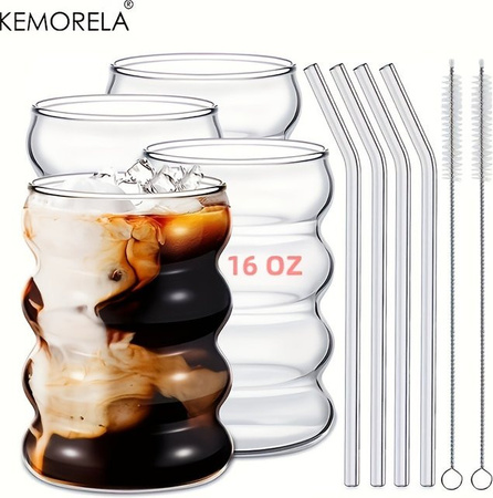 KEMORELA Trinkgläser Set aus Glas, 4er Set, transparent, 350 ml und 470 ml, ideal als Biergläser oder Becher für Eiskaffee