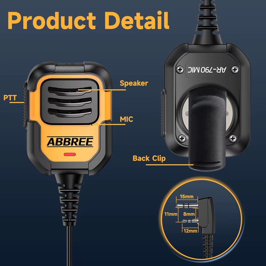 ABBREE AR-790 IP54 Handmikrofon Lautsprechermikrofon in Schwarz für Baofeng UV5R UV-21 Pro UV-32 Zwei-Wege-Funkgeräte - Bild 2
