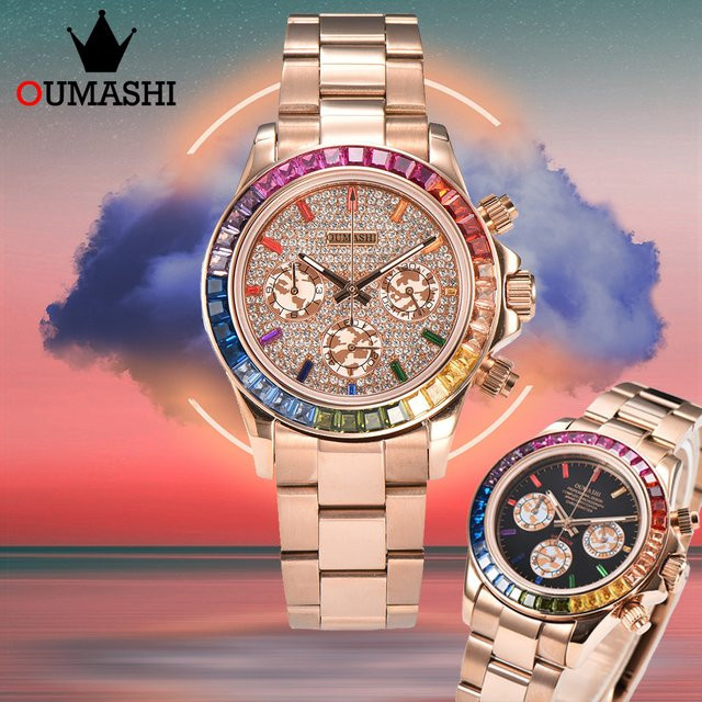 Oumashi Armbanduhr Edelstahl, Quarz, Regenbogen-Lünette, Diamant, 39,5 mm, Herren - Bild 1