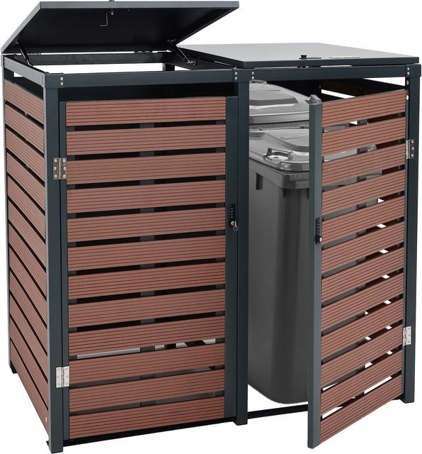 Mülltonnenverkleidung MCW-K14 Mülltonnenbox aus WPC und Metall in Walnuss-Holzoptik, B/T/H: 119 x 140 x 102 cm - Bild 1