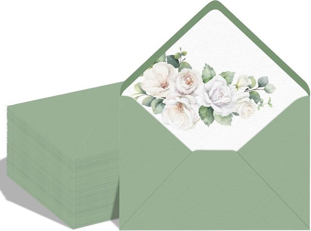 50er Pack Salbeigrüne Einladungsumschläge mit Blumenmuster, Wassergummiert, V-Klappe, 150GSM Papier, B: 12,7 cm, H: 17,78 cm - Bild 1