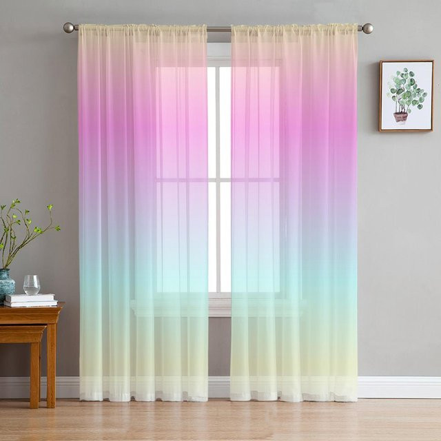 2 Stück Candy Regenbogenstreifen Transparente Voile Vorhänge aus Polyester, Mehrfarbig, B: 50 cm, H: 130 cm, inklusive Haken - Bild 1