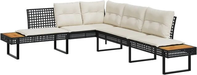 vidaXL 2-tlg Garten-Sofagarnitur in L-Form aus Polyrattan und Akazienholz mit Tisch und Kissen, Schwarz und Cremeweiß - Bild 1