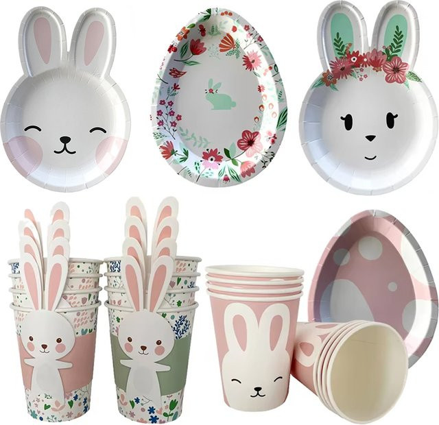 Cyuan Einweggeschirr Set mit Osterhasen und Eiern aus Papier für Kinder und Osterpartys - Bild 1