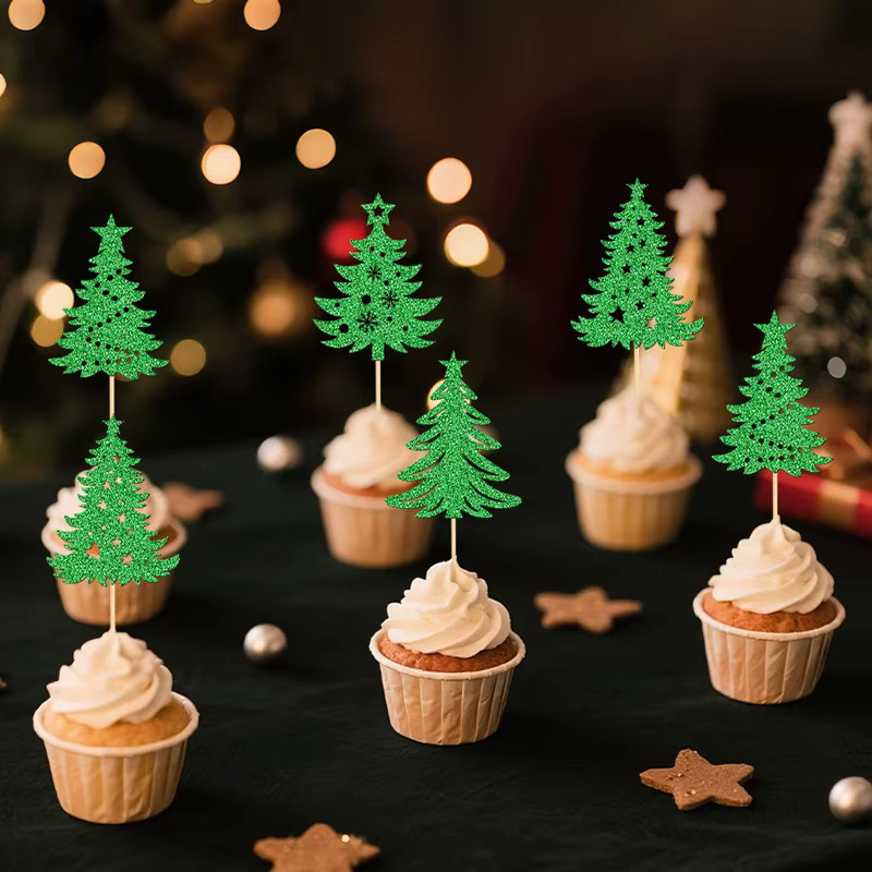 YOMDID 24 Stück Weihnachtsbaum-Cupcake-Topper in Grün, glitzernde Weihnachtsbaum-Kuchendekorationen im Winter-Thema als Cupcake-Picks - Bild 4