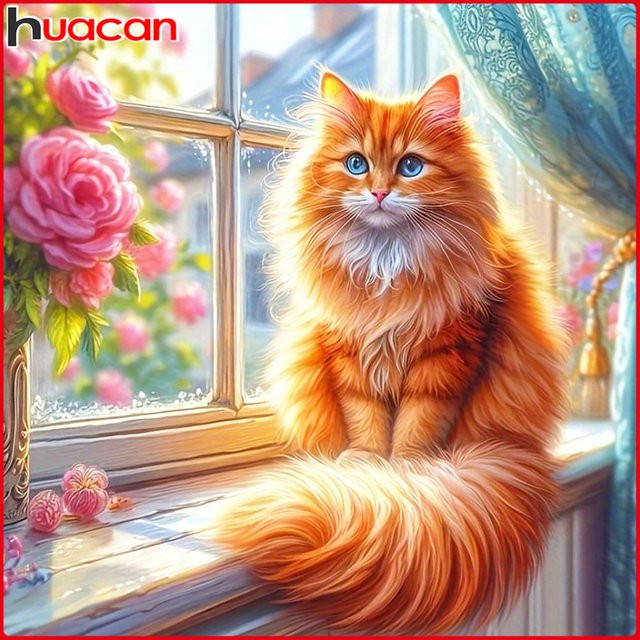 Huacan Diamantmalerei Set mit Katze und Pfingstrosen in Multicolour, Diamantmosaik mit runden Steinen, Breite: 20,0 cm, Höhe: 20,0 cm - Bild 1