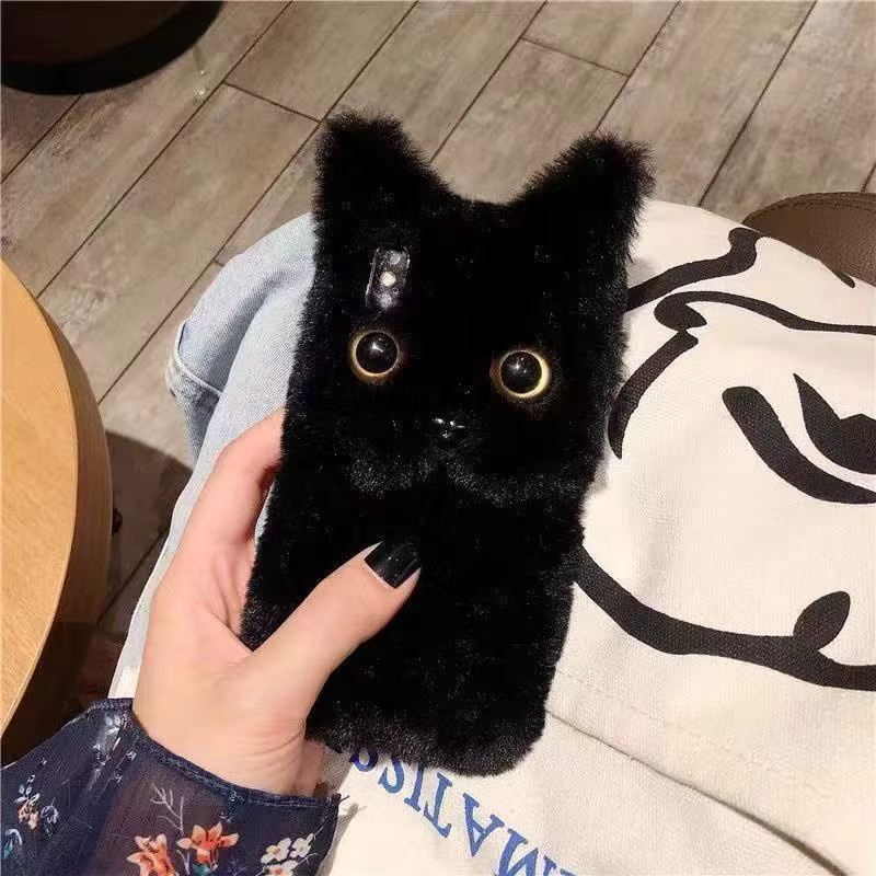 Flauschige Plüsch Handyhülle mit Katzen-Design für Apple iPhone 15 14 13 12 11 Pro Max XS XR X 7 8 Plus in Schwarz - Bild 4