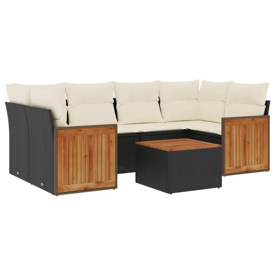 vidaXL 7-teilige Garten-Sofagarnitur in L-Form aus Poly-Rattan und Akazienholz mit Kissen in Schwarz-Creme - Bild 2