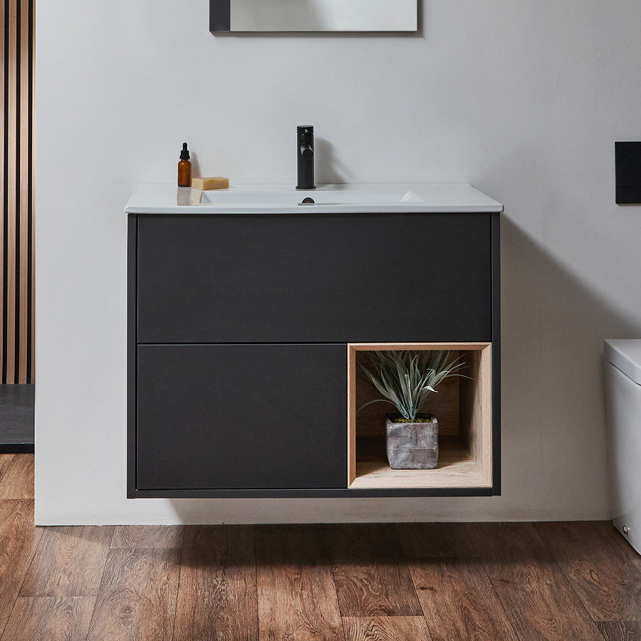 Hängender Waschtischunterschrank Hoxton von Hudson Reed mit Waschbecken in Schwarzgrau, Breite: 80 cm - Bild 1