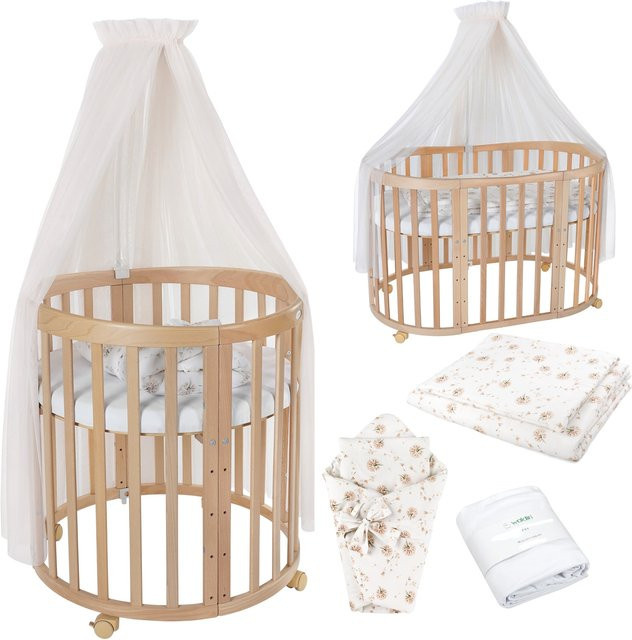 Waldin Babybett OWAL 7in1 Kinderbett aus Buchenholz mit Matratze, mitwachsendes Kinderbett, lackiert - Bild 1