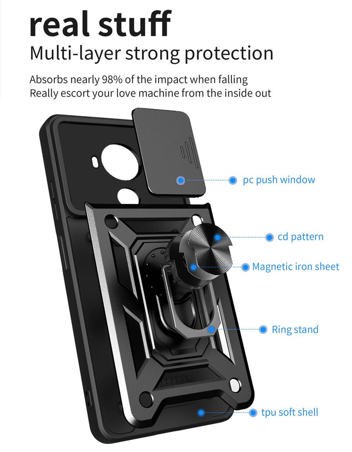 Xiaomi Handyhülle Armor mit Push-Fensterabdeckung in Schwarz für Redmi Note 11 12 12X 11T 11X 11i K40 Pro Lite Mix 4 Poco F4 F3 GT K40S K50 Gaming 4G 5G und Xiaomi 11T Pro - Bild 1
