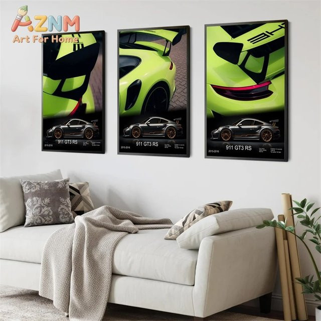 AZNM Porsche 911 GT3 RS 2015-2016 Wandkunstdruck Lime Green Leinwandposter ungerahmt - Bild 1